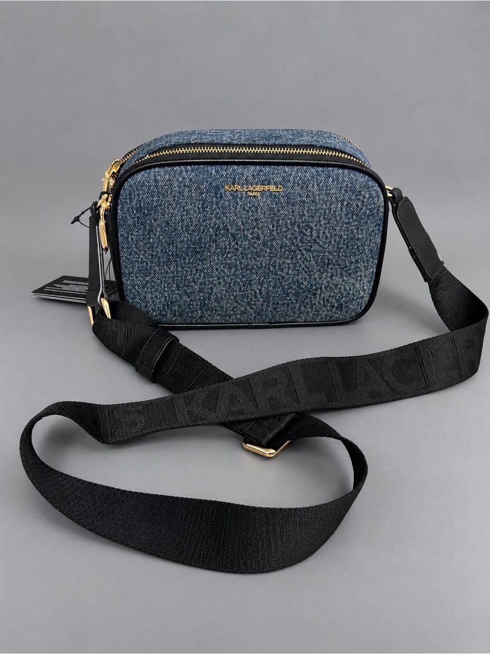 Karl Lagerfeld Blue Denim Camera Bag with Black Logo Strap